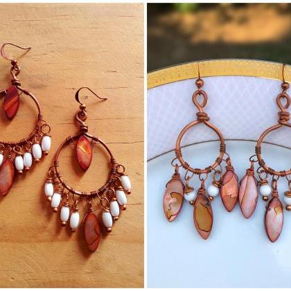 Copper Earrings With Brown Shell Beads..