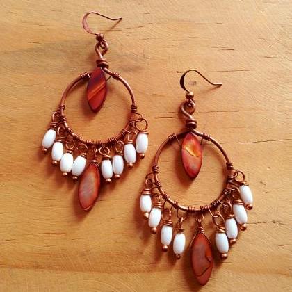 Copper Earrings With Brown Shell Beads..