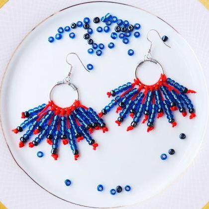 Blue Seed Beads & Orange Thread Fringe..