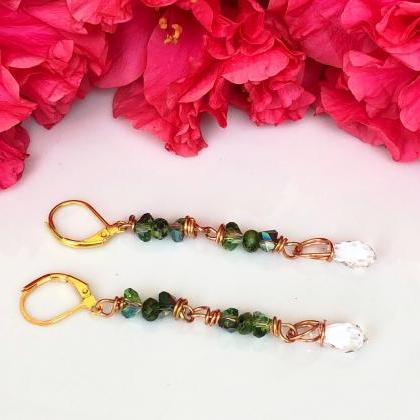 Copper Wire Drop Earrings with Gree..