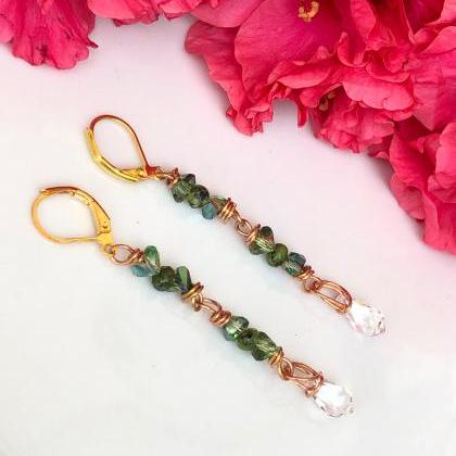 Copper Wire Drop Earrings with Gree..