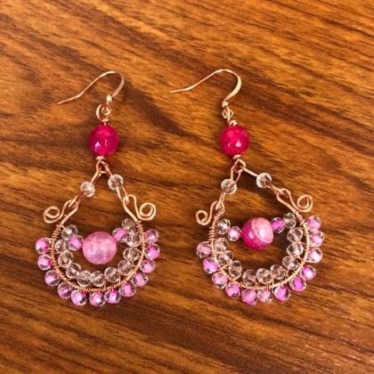 Copper Hoop Earrings With Pink, White Crystals And..