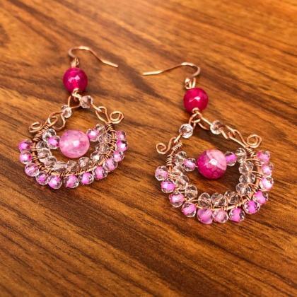 Copper Hoop Earrings With Pink, White Crystals And..