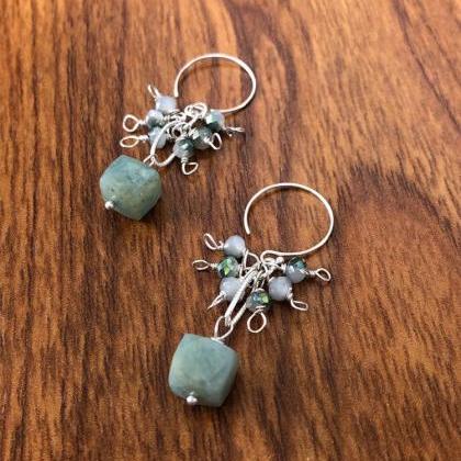 92.5 Sterling Silver Drop Earrings With Aquamarine..