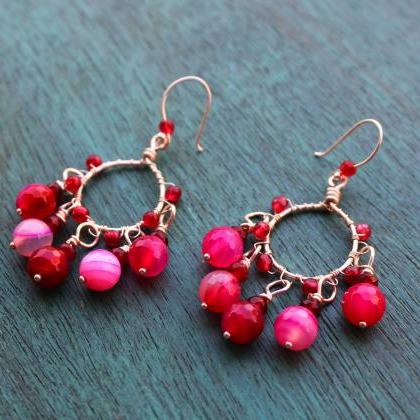 Sterling Silver Small Hoops With Pink Agate..