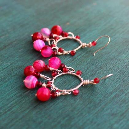 Sterling Silver Small Hoops With Pink Agate..