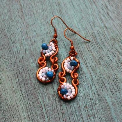 Copper Earrings Embellished With Blue Jade..