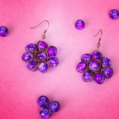 Purple Glass Bead Flower Small Earrings