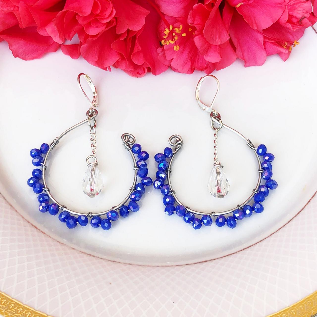 Blue Crystals Hoops With a White Drop For Women