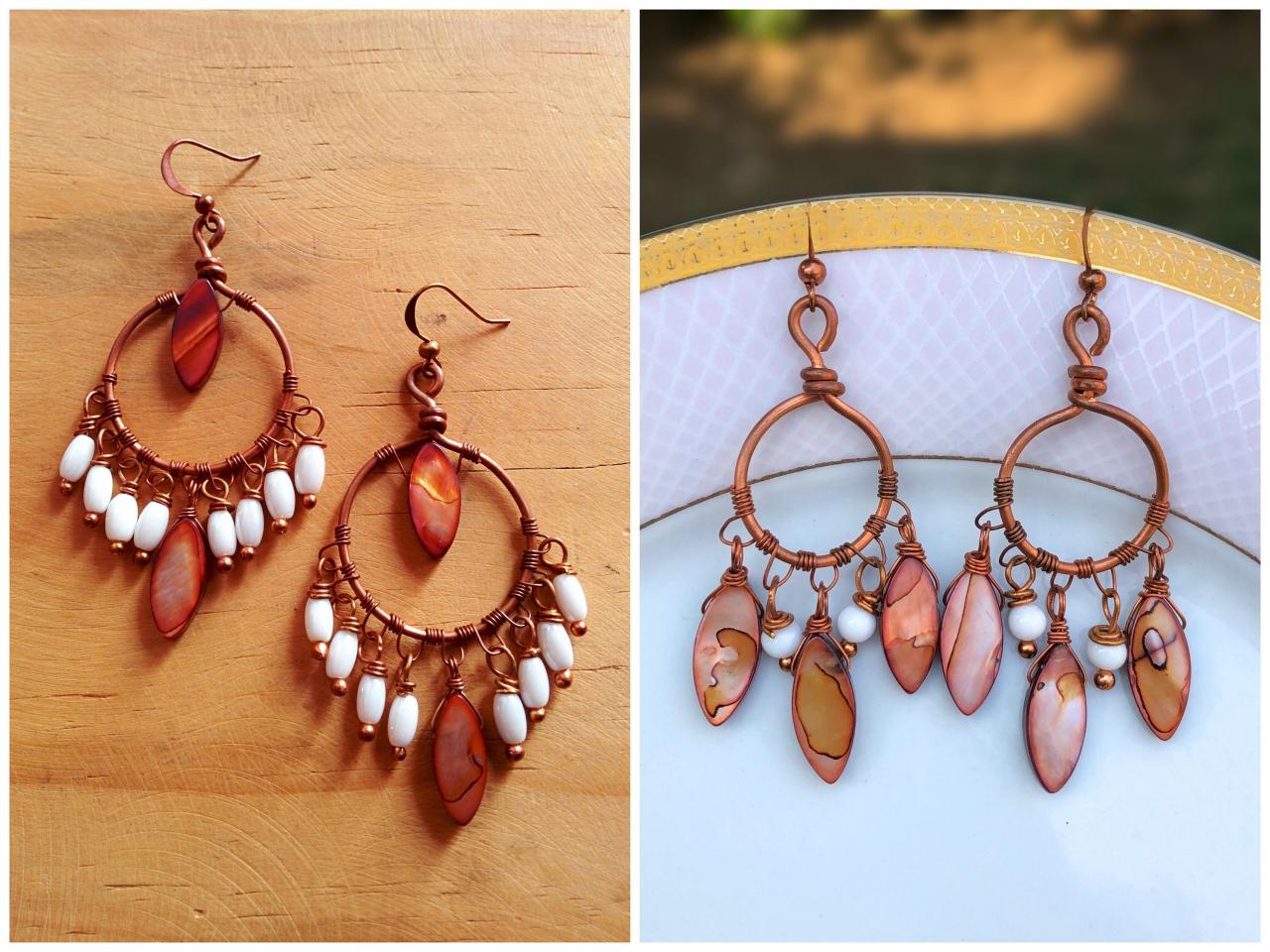 Copper Earrings With Brown Shell Beads & White Glass Beads