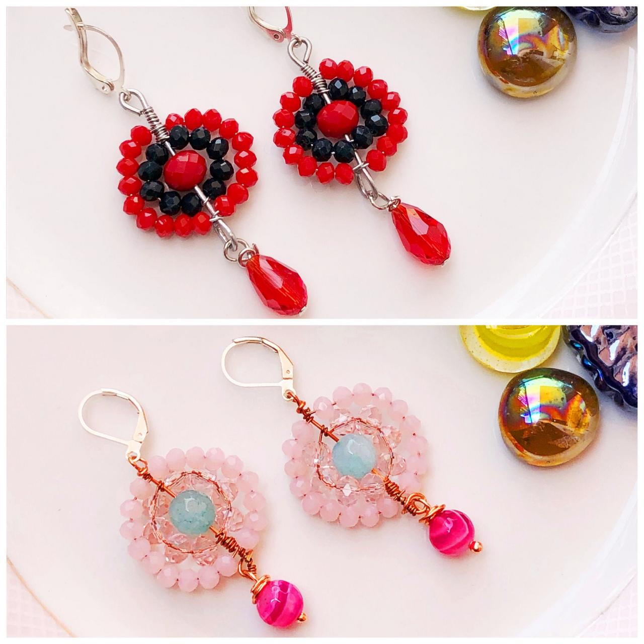 Red -green Glass Bead Earrings/blue &pink Agate Stone Earrings