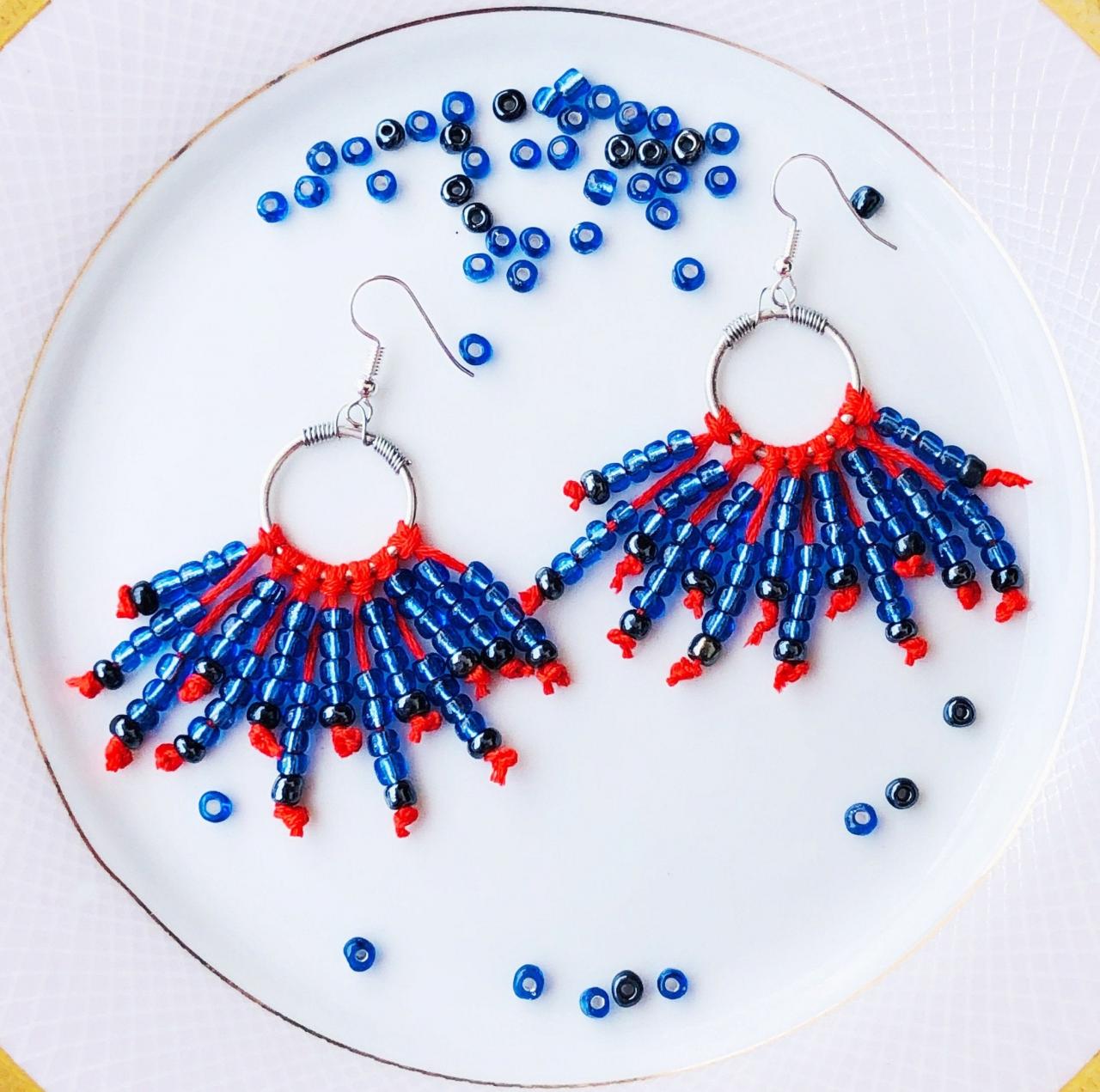 Blue Seed Beads & Orange Thread Fringe Earrings For Women