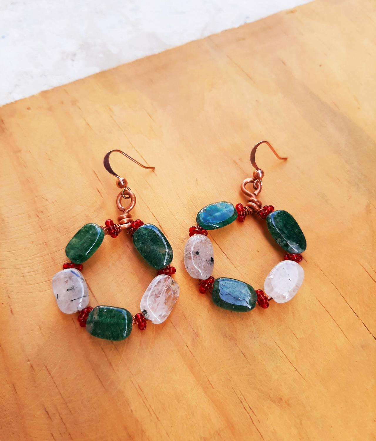 Small Copper Hoops With Jade And Clear Quartz