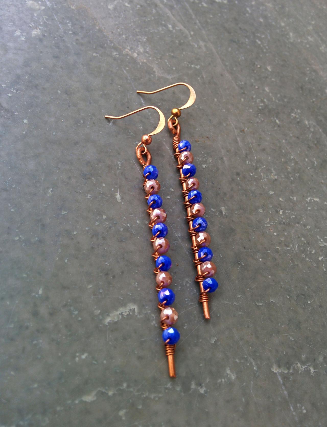 Copper Drops With White/blue & Golden Glass Beads
