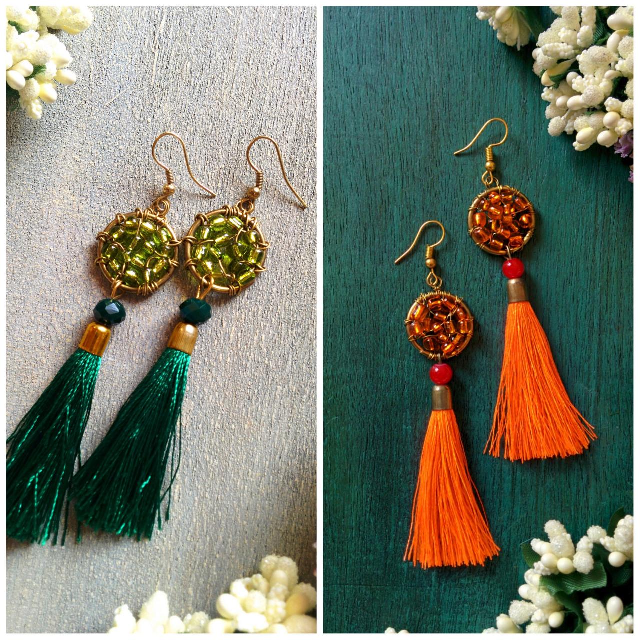 Green/orange Tassels With Green/orange Glass Seed Beads For Women