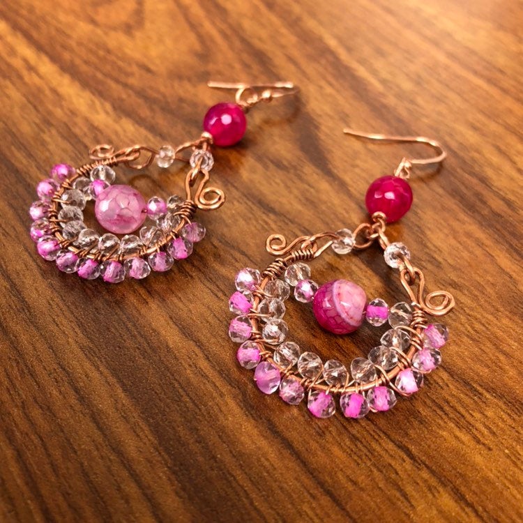 Copper Hoop Earrings With Pink, White Crystals And Pink Agate Stone.