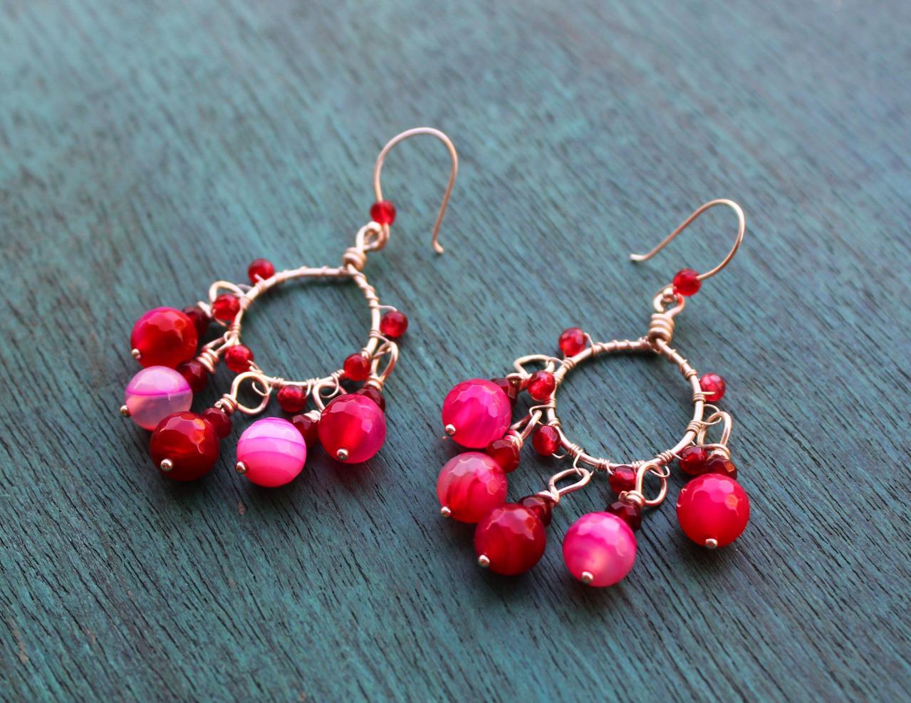 Sterling Silver Small Hoops With Pink Agate Stones, Pink Jade Stone For Women