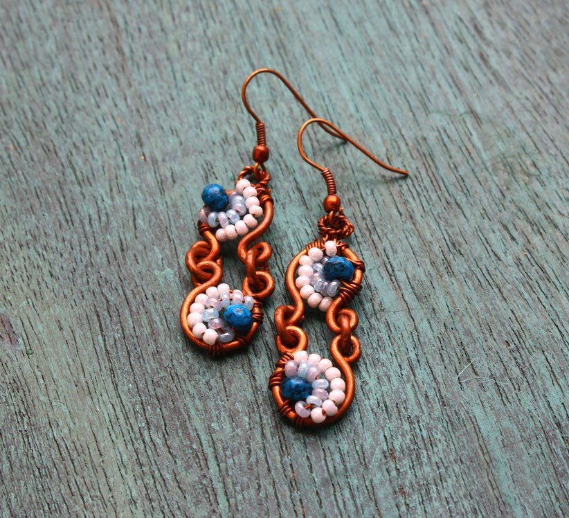 Copper Earrings Embellished With Blue Jade & White Seed Beads