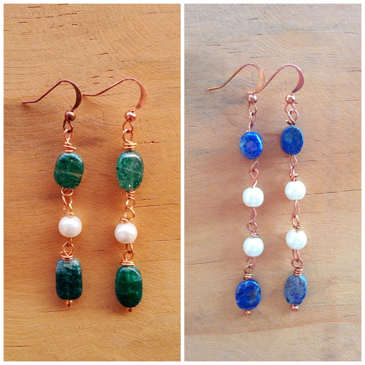 Copper Wire Drops With Jade & Pearl