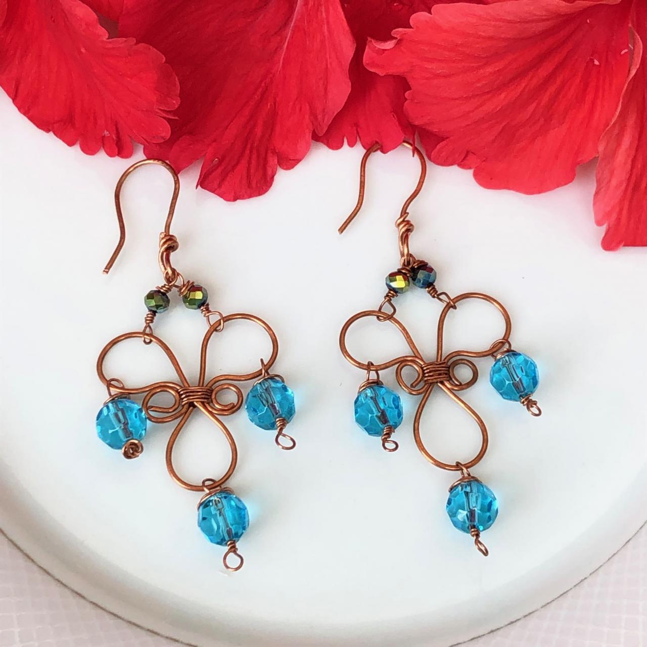 Copper Earrings With Blue Crystal Drops