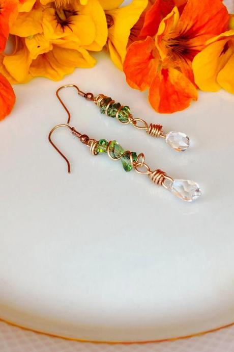 Copper Wire Wrapped Droplets With Green &amp;amp;amp; White Crystals For Women