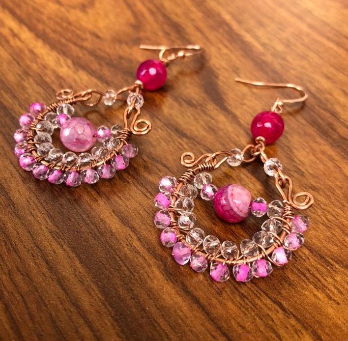 Copper Hoop Earrings With Pink, White Crystals and Pink Agate Stone.