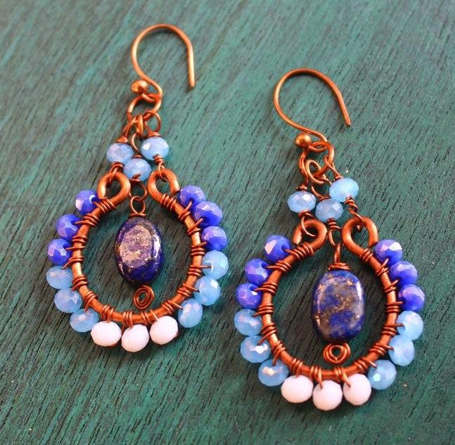 Copper Earrings With Blue ,light Blue And Lapiz Lazuli Drops For Women