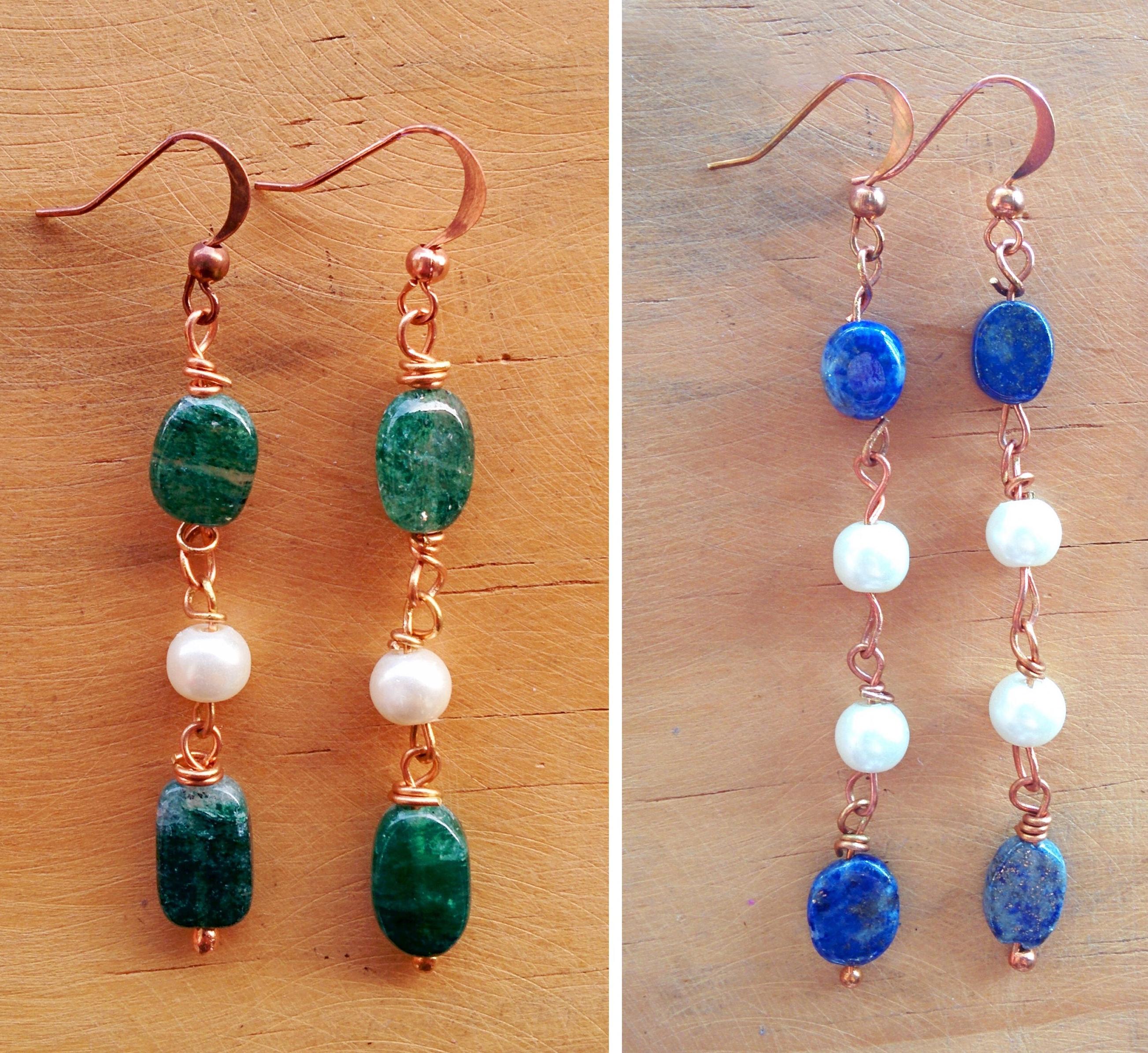 Copper Wire Drops With Jade & Pearl