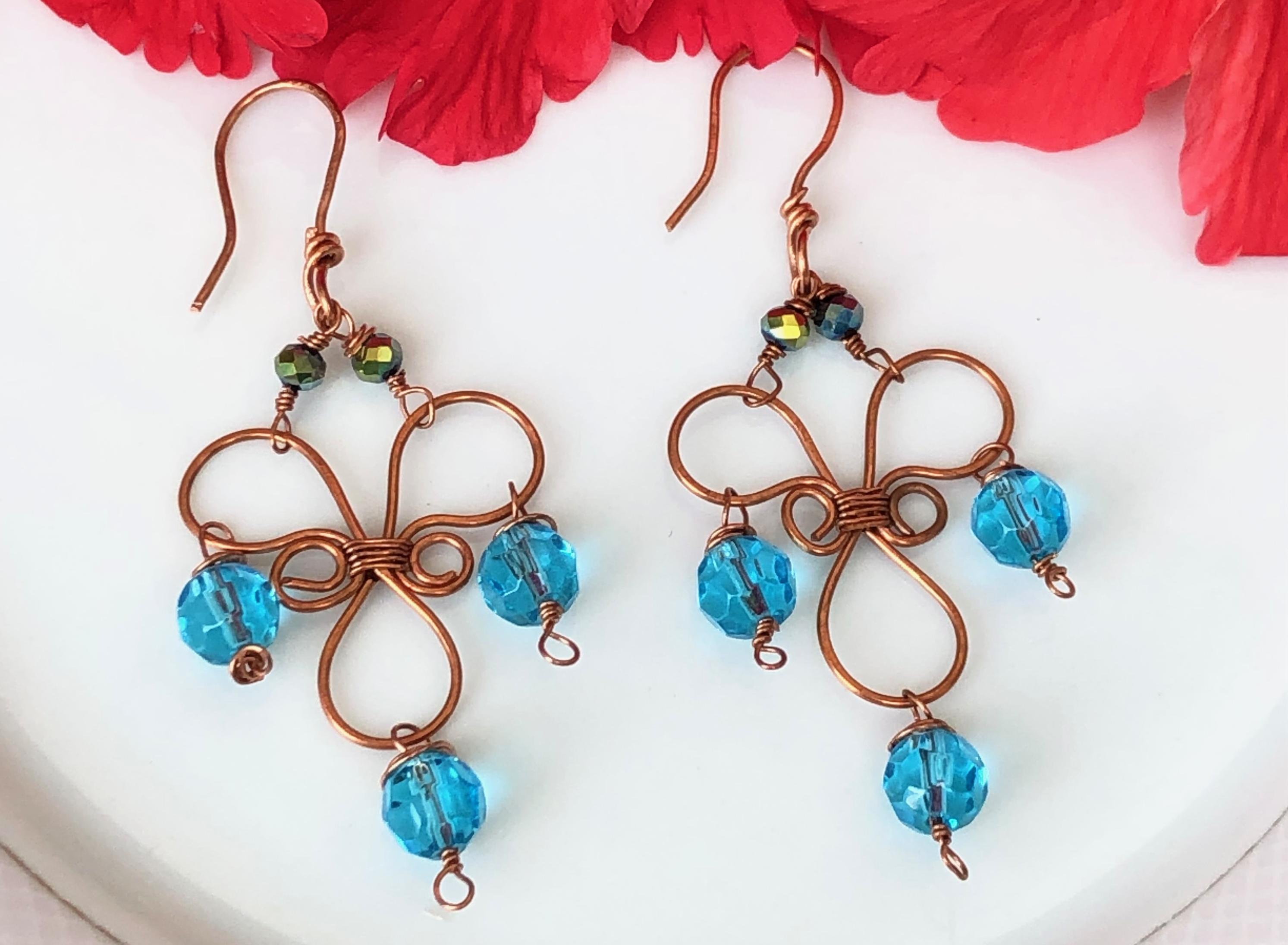 Copper earrings with Blue Crystal Drops